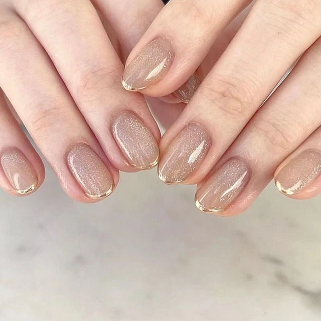 Faux Nials Appuyez sur les ongles Français Amande courte Gris Rose Faux ongles