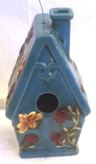 Victorian Trading Co Majolica Blue w/ Red Flowers & Bees Ceramic Birdhouse 12B