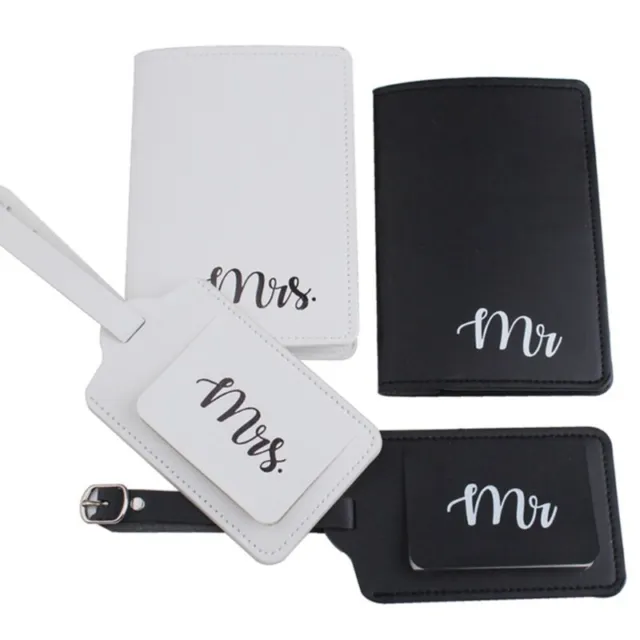 4Pcs PU Leather Mr Mrs Luggage Tags Passport Covers for Couples Travel Honeymoon