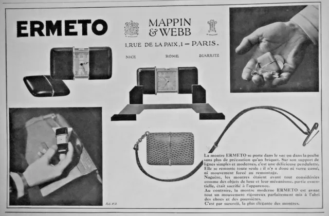 Publicité De Presse 1929 La Montre Ermeto Se Porte Dans Le Sac - Mappin Webb