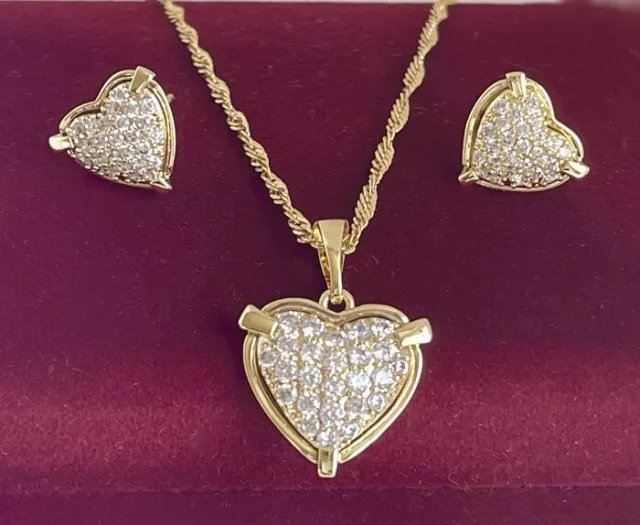 Nobile Cuore Set Gioielli Collier Collana Orecchini Zirconi 585 Oro 14K Dorato