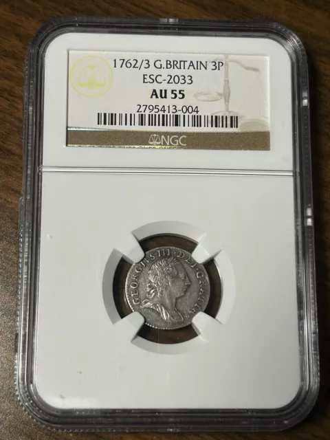 SASA 1762/3 Great Britain Silver 3 Pence Ngc Au55