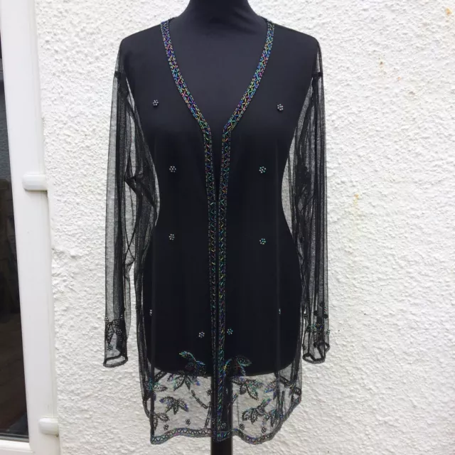 Cardigan vintage nero trasparente in rete con perline lungo aperto taglia L/XL