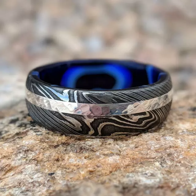 Damascus Steel Ring 14k White Gold Wedding Band With Inside Sapphire Blue Ocean