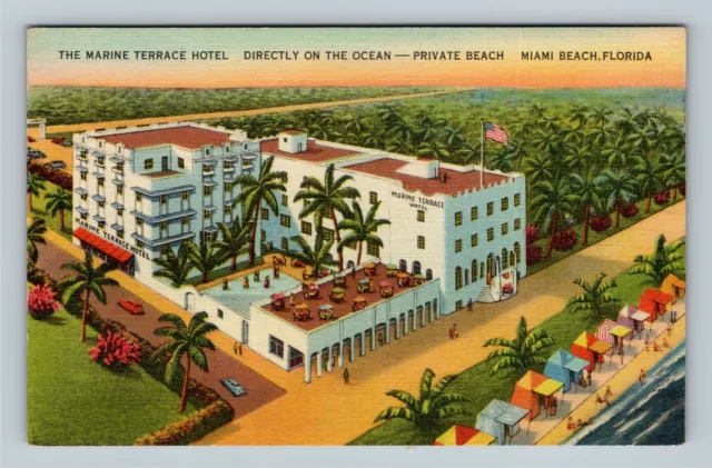 Miami Beach FL Marine Terrace Hotel Pool Dining Cabanas Linen Florida Postcard  