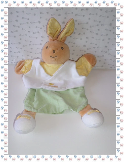 ④ -  Doudou Marionnette Plat Lapin Vert Blanc Jaune Beige  Poussin  Takinou