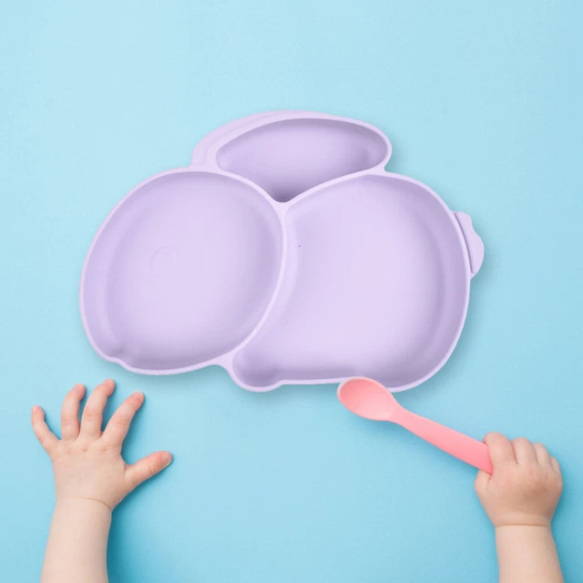Cartoon Children Dishes Cute Silicone Baby Feeding Dishes Baby Cutlery (Purple)