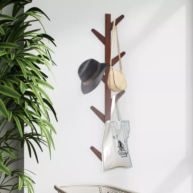Natural Bamboo Vertical Wall Mount Hook Coat Hat Rack Hanger Entryway w/ 8 Hooks