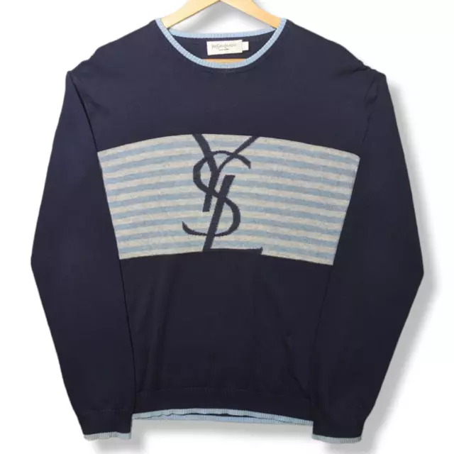 YVES SAINT LAURENT Knit Jumper Men's Large Navy Logo Cotton Round Neck Sweater