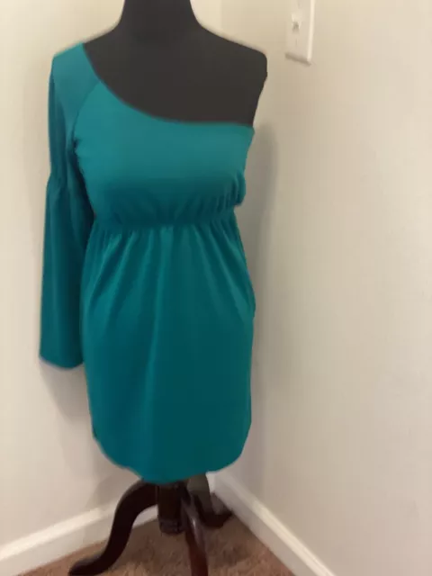 Anthropologie JUDITH MARCH Teal One Shoulder Dress Bell Sleeve Size S M