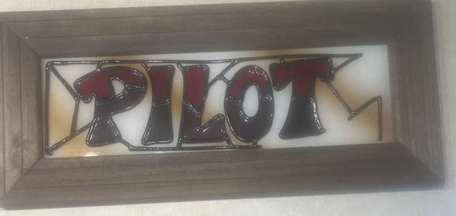 LEADED STAINED SLAG GLASS window Framed - PILOT Sign - 15" X 6.5” Ooak 2