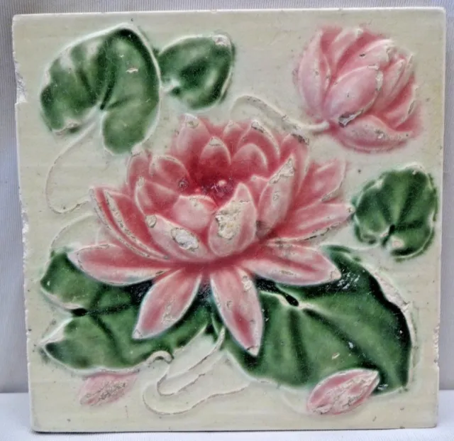 Majolica Tile Vintage Art Nouveau Ceramic Glazed Saji Japan Lotus Leaves Old#472 2