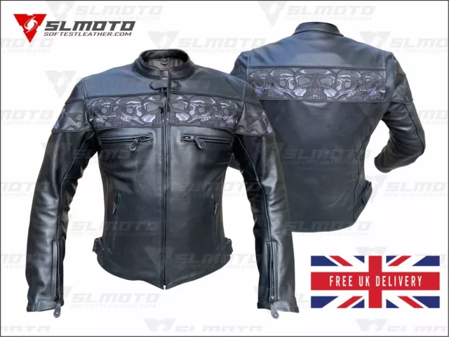 Men's Black Skull Leather Motorcycle Biker Genuine Cowhide Embroidered Jacket