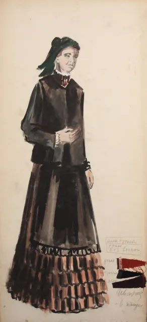 Vintage old woman theatre costume design gouache painting signed