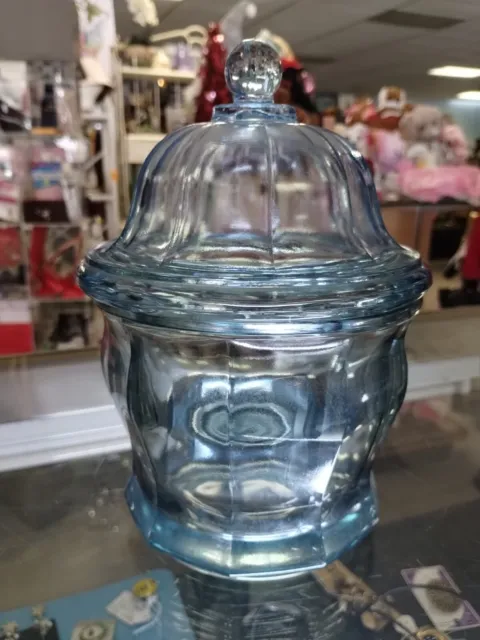 Vintage Heavy Clear Glass Azure Blue Candy Jar Dish with Lid 8.2“ Tall By Azure