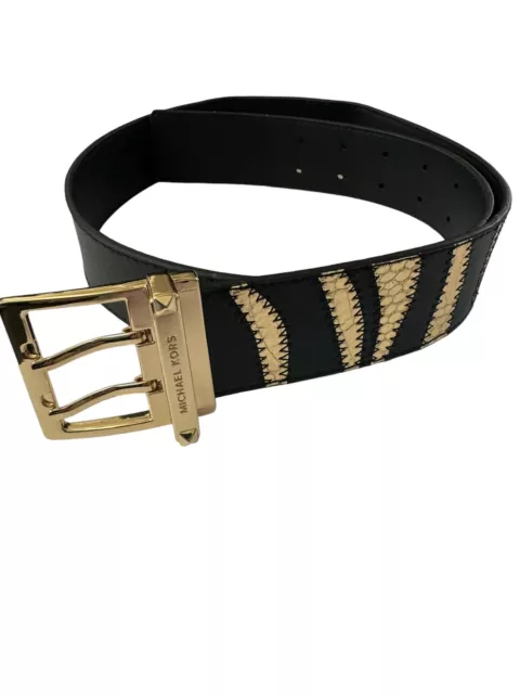 $78 MICHAEL KORS CINTURÓN DE CUERO MEDIANO NEGRO Oro Cosido Tigre Serpiente