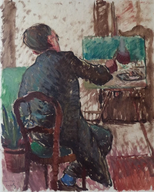 Metello Merlo (Milano 1866 - Torino1964) quadro tempera Il pittore al cavalletto