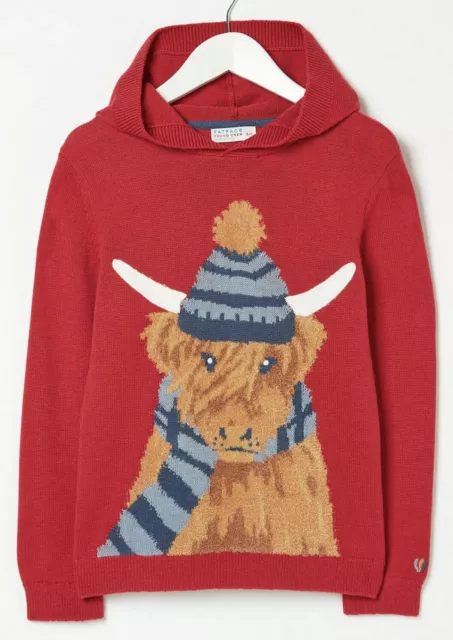 Fatface Boys Red Hamish Highland Cow Hooded Knit Jumper Age 7-8 Years *BNWT*