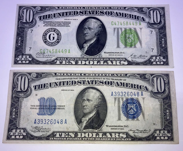 1934 ($10) Ten Dollar Blue Seal Note. 1934 ($10) Ten Dollar  Green Seal Note.