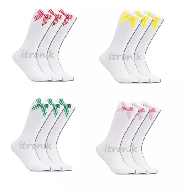 1 Pairs Kids White Girls Knee High Socks White Gingham Check Satin Bow school