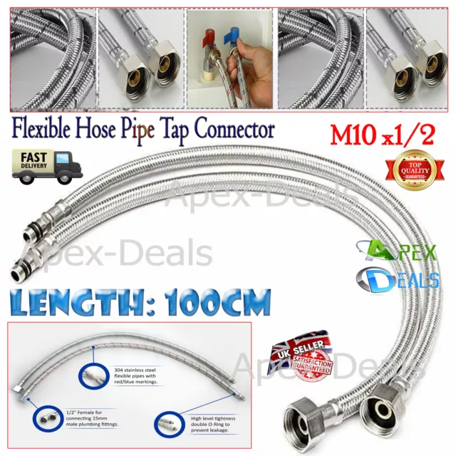 2x Basin Hose Pipe Flexible Tap Connectors Flexi Tail Monobloc Mixer Pipes 100cm