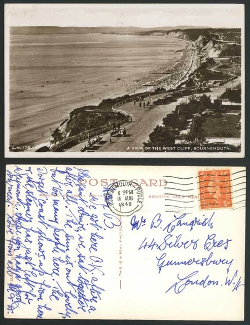 Bournemouth, A View of The West Cliff, Dorset 1948 Old Real Photo Postcard Beach