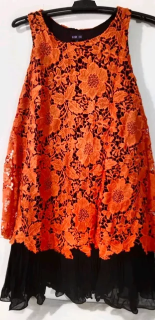 VTG Knee Length Dress Women Meduim OrangeBlack Designer Anne Sui Chic Lace Silk