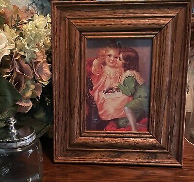 Vintage Solid Oak Picture Frame W/Victorian Lithograph Print; Fits 5” X 7” Photo