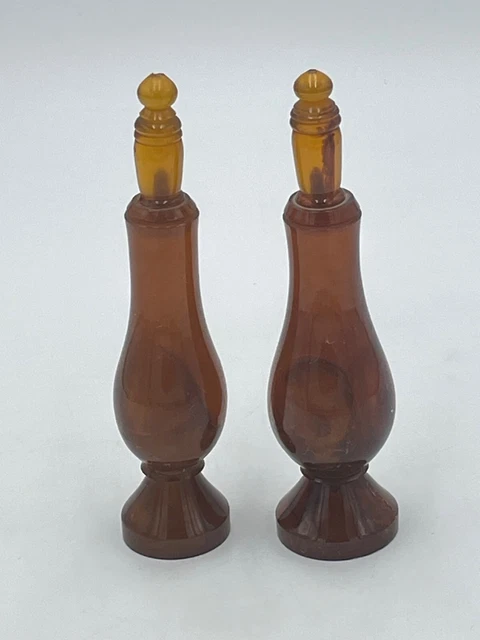 2 Vintage Perfume Bottles Brown Amber Color Resin With Stoppers & Wands READ