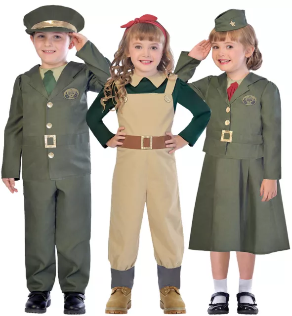 Kids Girls Boys WW2 Soldier Costume Army Officer 1940s Fancy Dress Outfit School