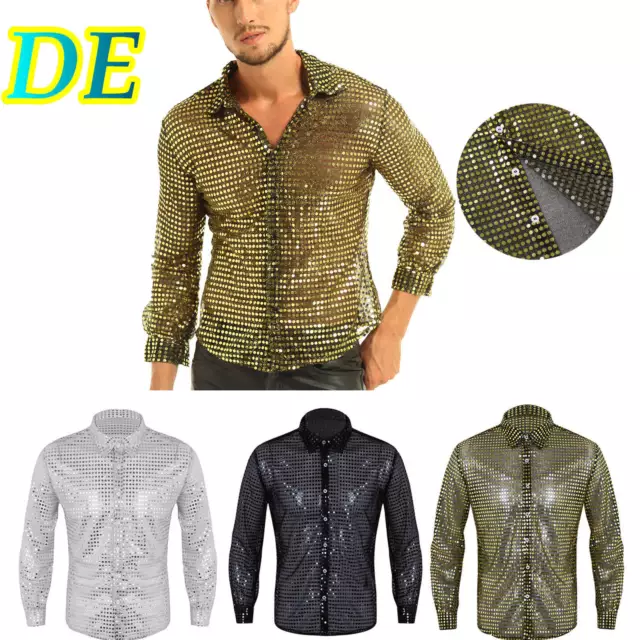 DE Herren Longsleeve 70er 80er Disco Shirt Hemd mit Kentkragen Pailletten Hemd