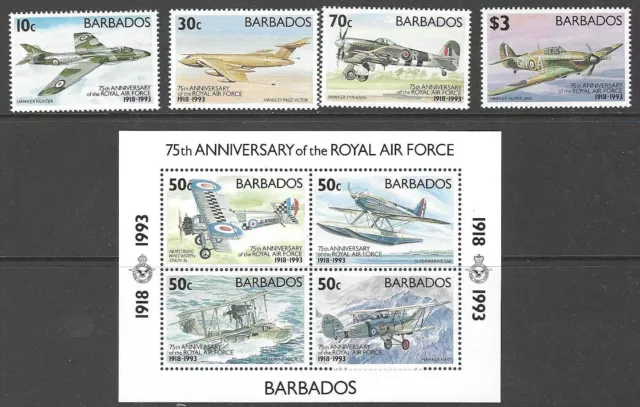 BARBADOS: 1993 75th Anniversary of the RAF  set + M/Sheet SG991-4+MS995 MNH