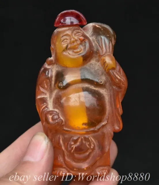 3" Old Chinese Amber Carving Happy Laugh Maitreya Buddha Snuff box Statue