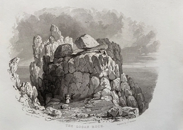 1831 Antique Print; The Logan Rock near Treen, Cornwall after Thomas Allom