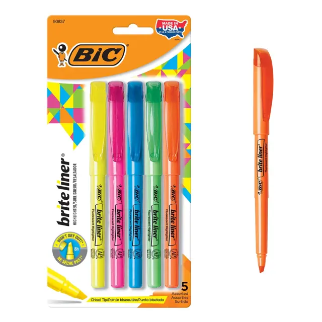 BIC Brite Liner Highlighter, Chisel Tip, Assorted Colors, for Broad Highlighting