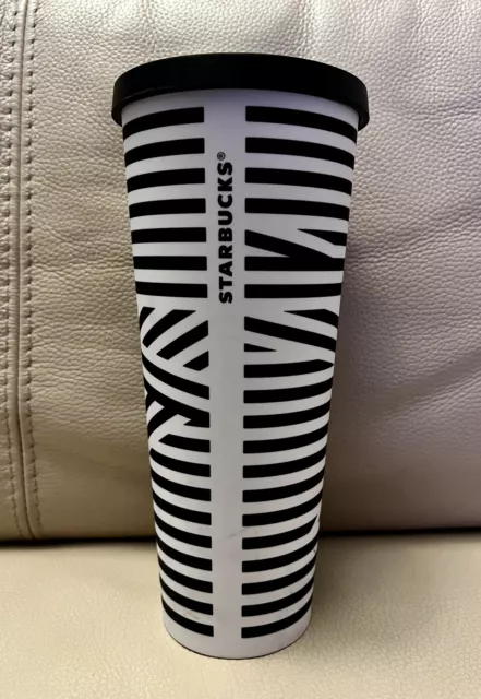 STARBUCKS Black White ZEBRA STRIPE VENTI Cold Cup TUMBLER 24oz Matte NO STRAW