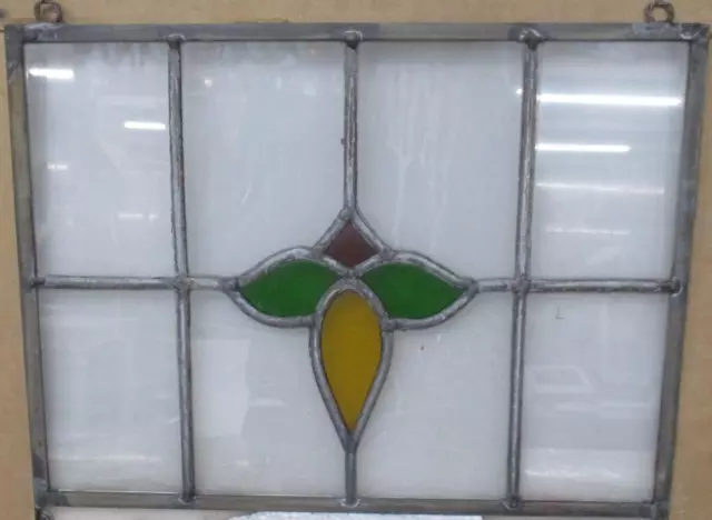 OLD ENGLISH LEADED STAINED GLASS WINDOW Unframed w Hooks Floral 14.75" x 11.5"