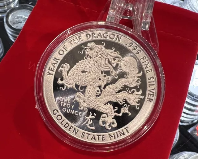 2024 Year of the DRAGON 1 oz .999 FINE SILVER BU ROUND in CAPSULE & GIFT POUCH