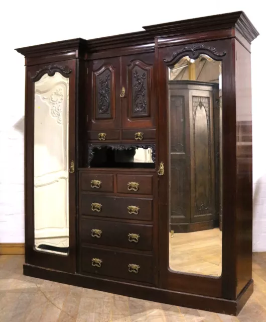 Antique Victorian carved Mahogany triple combination wardrobe