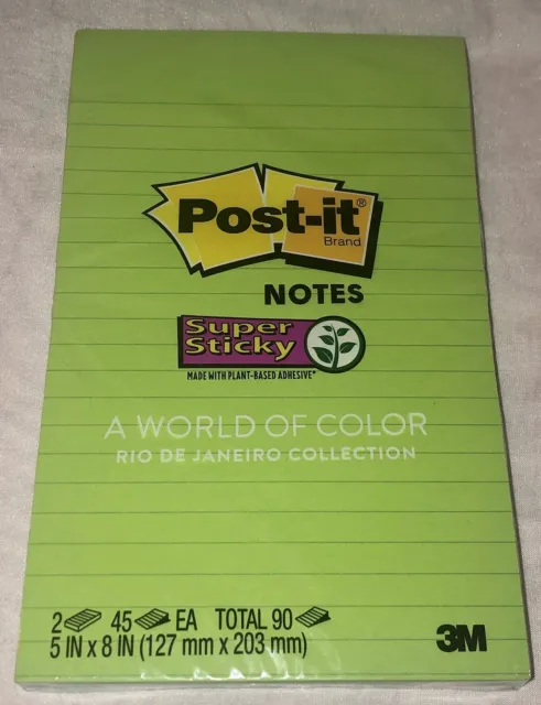 POST-IT 5"x8" Plant Based SUPER STICKY 2 NOTE PADS Green & Blue 45 pages/Ea. 3M