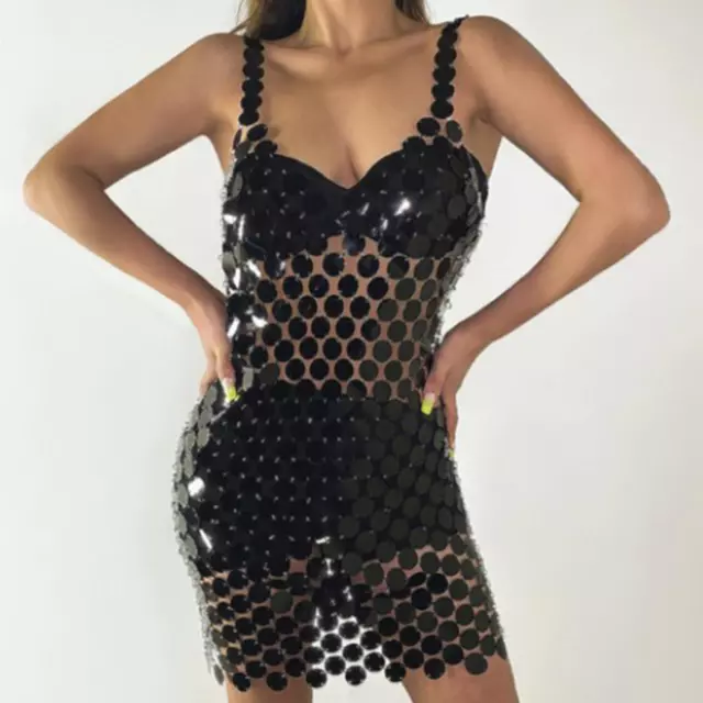 Women Sequined Spaghetti Straps Dress Open Back Glitter Skintight Dress