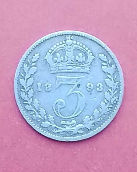 1893, 3D, Jubilee Head,  Victoria Silver Threepence Coin, Scarce In Fine Grade.