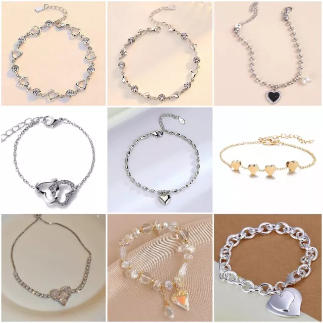 925 Silver Crystal Heart Linked Charm Bracelet Bangle Women Wedding Jewelry Gift