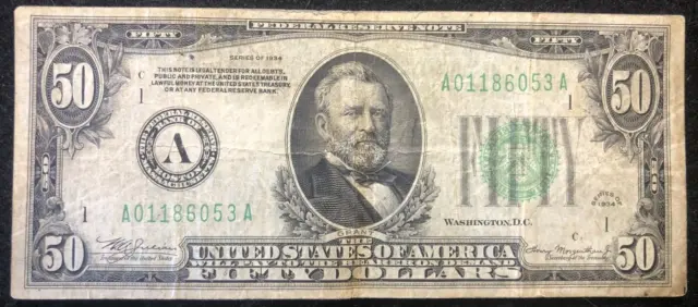 1934 Federal Reserve Note Green Seal $50 Fifty Dollar Note Bill Currency