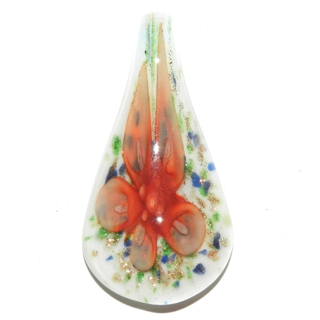 P2460 Red-Orange Flower Gold Sparkles 55mm Lampwork Glass Spoon Drop Pendant