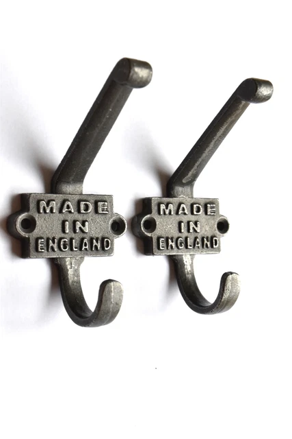 Pair Antique Style Made In England Cast Iron Double Coathook Coat Hook Rack Wall