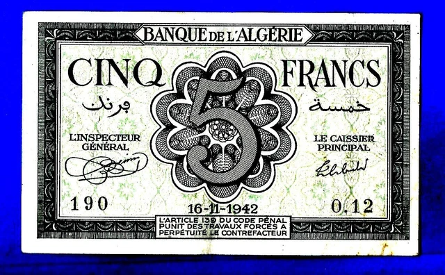 Algeria FRENCH P91 5 Francs ALLEGORICAL WO Sign Berino/Sebald 16.11.1942 VF RARE