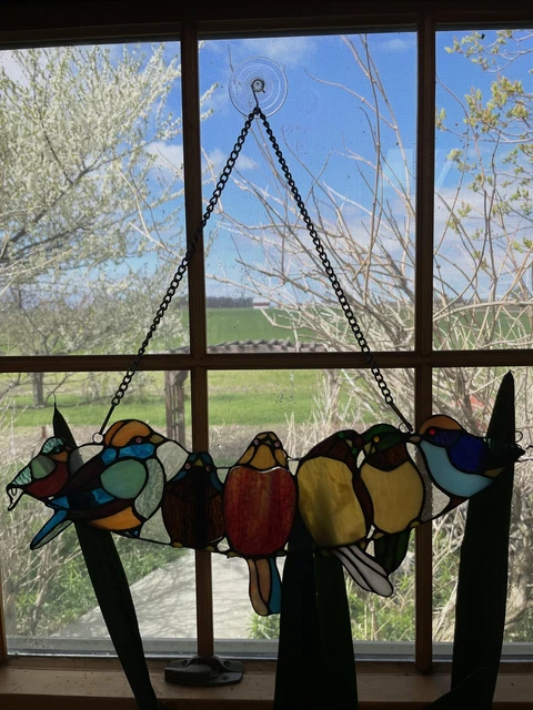 24” Stained Leaded Glass Birds Window Panel Tiffany Style Hanging Sun Catcher