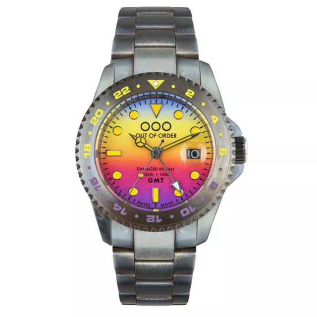 Out of Order GMT LOS ANGELES Acciaio Swiss Quarzo Viola Blu Data Orologio Uomo
