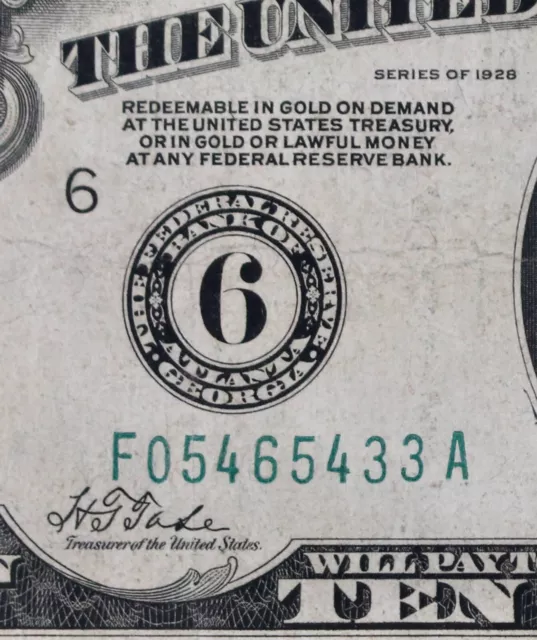 $10 1928 Federal Reserve Note F05465433A plain series, ten dollar, Atlanta 6-F